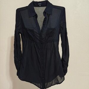 Express Womens Sheer Ruched Sleeve Cinched Waist Button Up Blouse Navy Black XXS